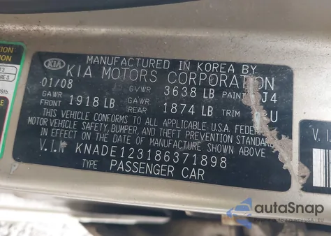 2008 Kia Rio Lx z USA, uszkodzony, nr VIN KNADE123186371898